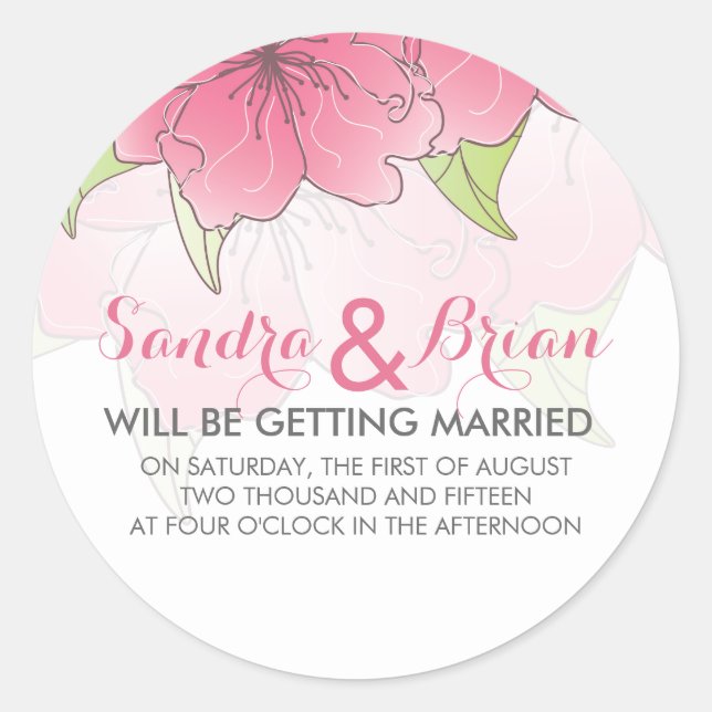 Pastel Pink & White Floral Wedding Design Classic Round Sticker (Front)