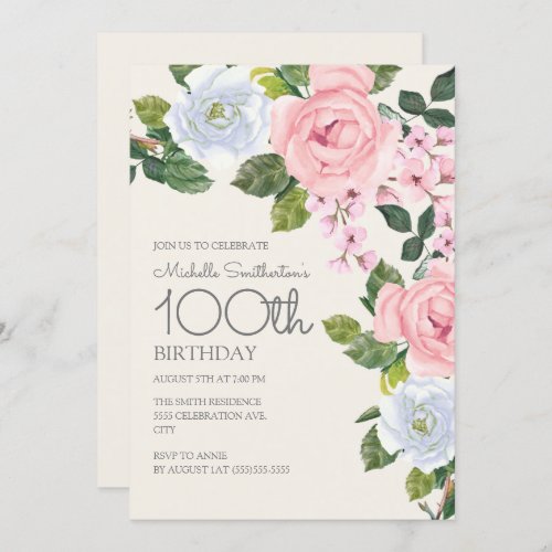 Pastel Pink White Floral Womans 100th Birthday Invitation