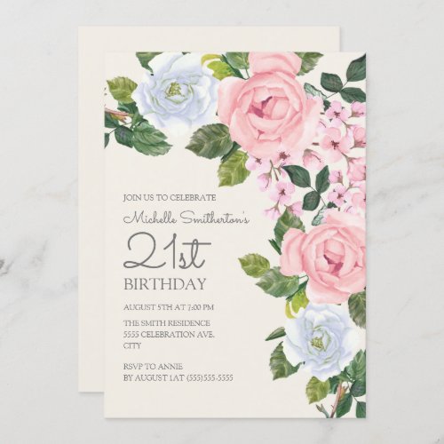 Pastel Pink White Floral Womans 21st Birthday Invitation