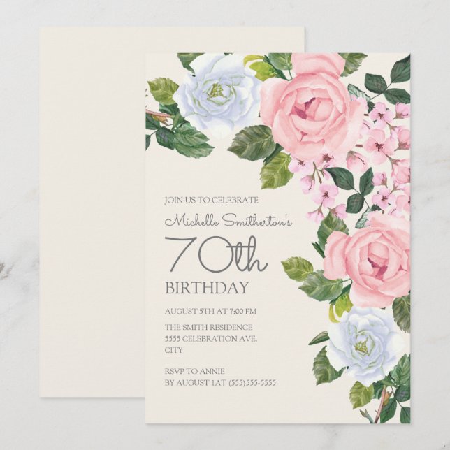Pastel Pink White Floral Woman's 70th Birthday Invitation (Front/Back)