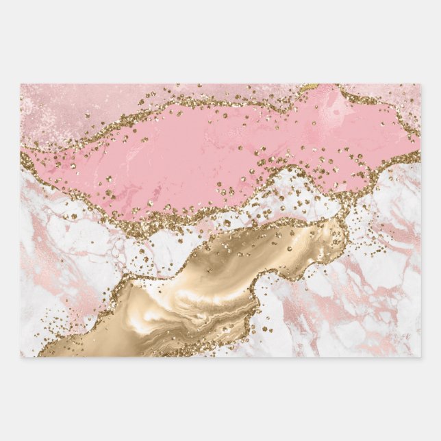 Pastel Pink & White & Gold Glitter Agate Wrapping Paper Sheets (Front)