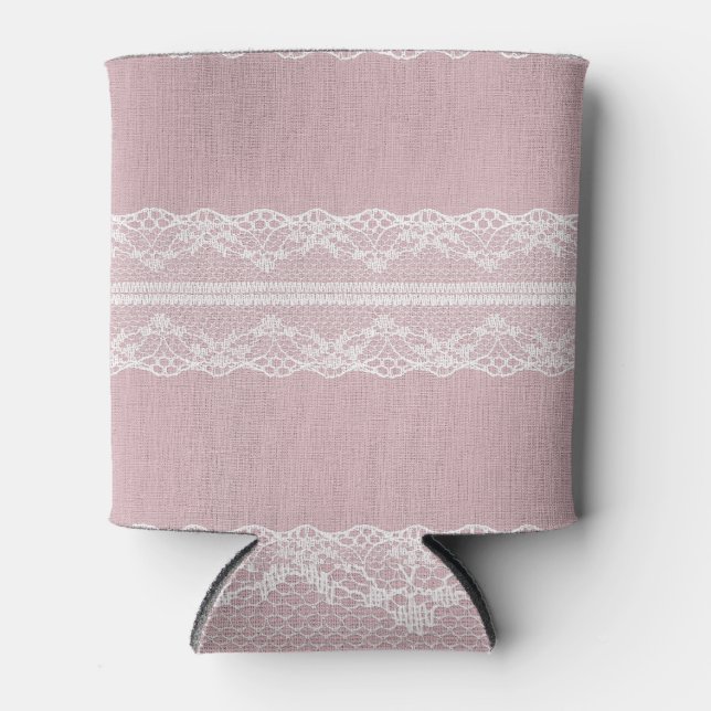 Pastel Pink White Lace Texture Can Cooler (Front)