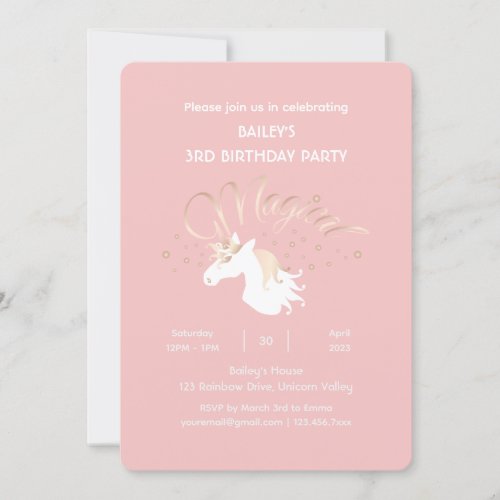 Pastel Pink White Magical Unicorn Girl Birthday Invitation