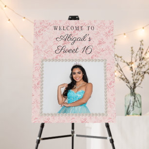 Pastel Pink White Pearls Photo Sweet 16 Welcome  Foam Board