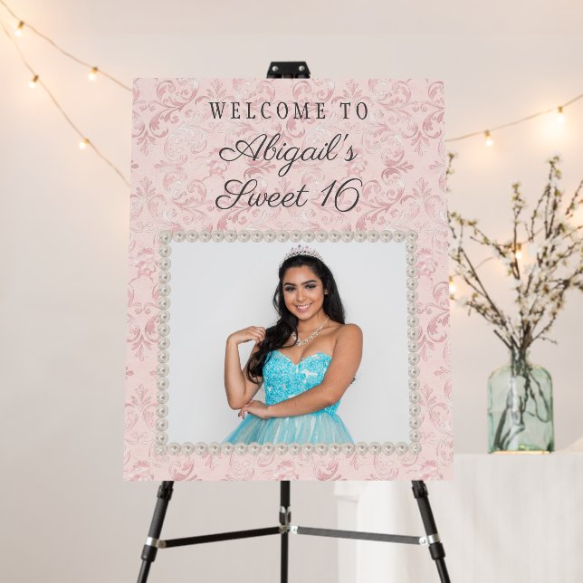 Pastel Pink White Pearls Photo Sweet 16 Welcome  Foam Board (In Situ (Stand))