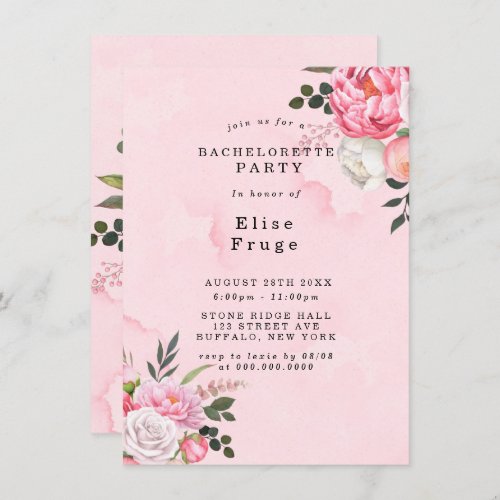 Pastel Pink White Peony Bachelorette Party Invitation