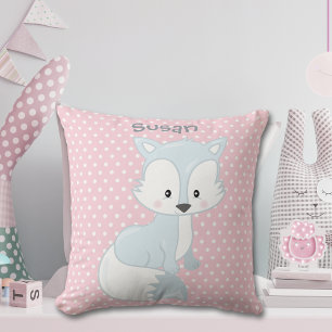 Pastel Pink-White Polka-Dot Baby Fox Monogram Throw Pillow