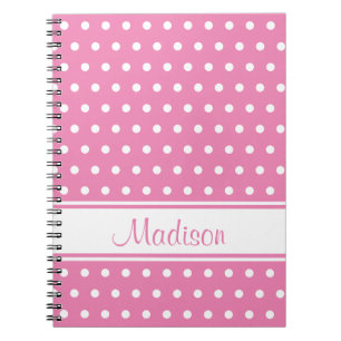 Pastel Pink White Polka Dot Stripe Script Name Notebook