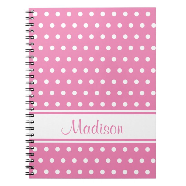 Pastel Pink White Polka Dot Stripe Script Name Notebook (Front)