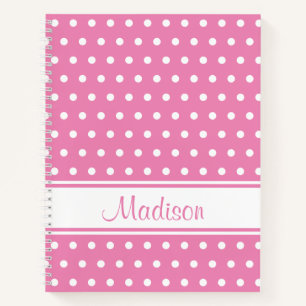 Pastel Pink White Polka Dot Stripe Script Name Notebook
