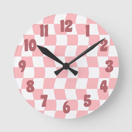 Pastel Pink White Retro Wavy Checker Pattern Round Clock