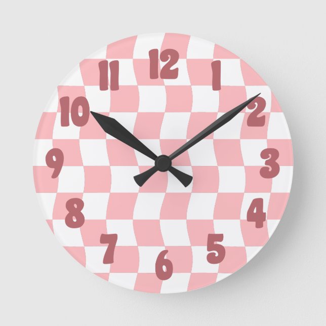 Pastel Pink White Retro Wavy Checker Pattern Round Clock (Front)