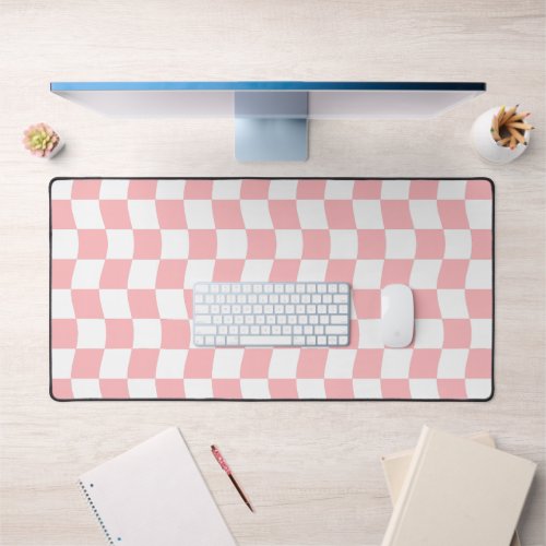 Pastel Pink White Simple Wavy Checkerboard Pattern Desk Mat