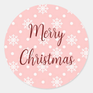Pastel Pink White Snowflakes Merry Christmas Classic Round Sticker