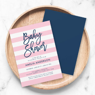 Pastel Pink & White Stripes Blue Baby Shower Invitation