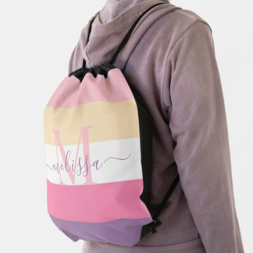 Pastel Pink White Yellow Purple Color Block  Drawstring Bag