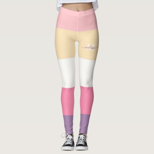 Pastel Pink White Yellow Purple Color Block  Leggings