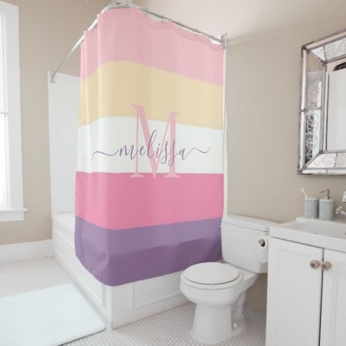 Pastel Pink White Yellow Purple Color Block  Shower Curtain