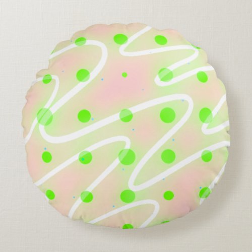 Pastel pink wiggle white lines with green dots round pillow