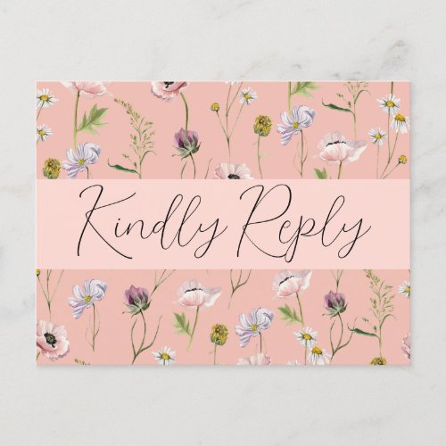 Pastel Pink Wild Flower Boho Garden Wedding RSVP Invitation Postcard