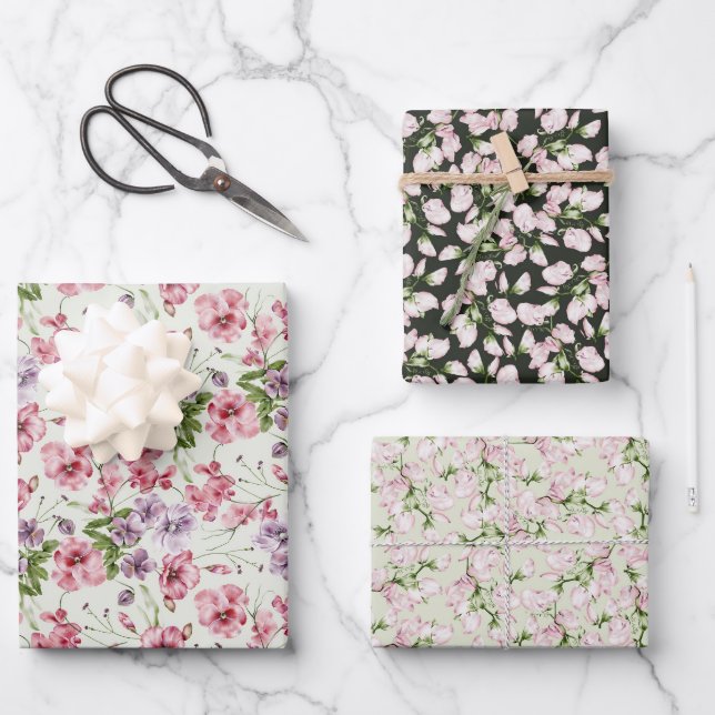 Pastel Pink Wild Flower Buds Wrapping Paper Sheets (Front)