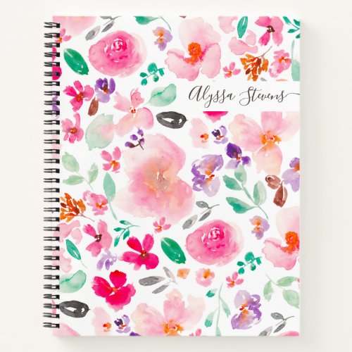 Pastel pink wild flowers floral watercolor pattern notebook