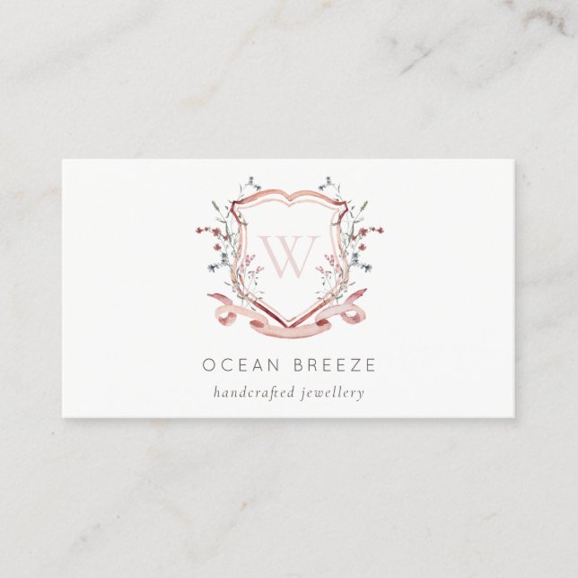 Pastel Pink Wildflower Watercolor Crest Monogram Business Card (Front)