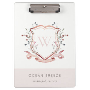 Pastel Pink Wildflower Watercolor Crest Monogram Clipboard