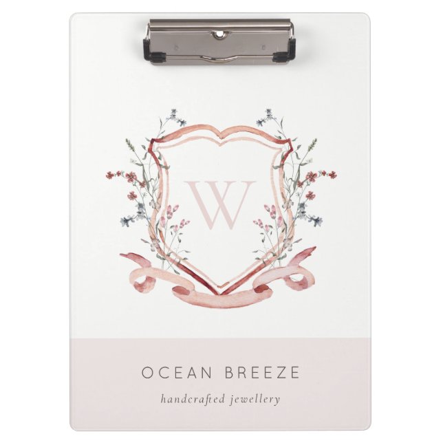 Pastel Pink Wildflower Watercolor Crest Monogram Clipboard (Front)