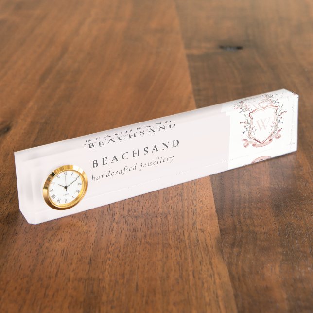 Pastel Pink Wildflower Watercolor Crest Monogram Desk Name Plate (Side)