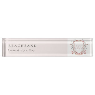 Pastel Pink Wildflower Watercolor Crest Monogram Desk Name Plate
