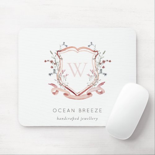 Pastel Pink Wildflower Watercolor Crest Monogram Mouse Pad