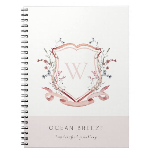 Pastel Pink Wildflower Watercolor Crest Monogram Notebook