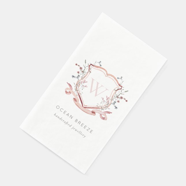 Pastel Pink Wildflower Watercolor Crest Monogram Paper Guest Towels (Corner)