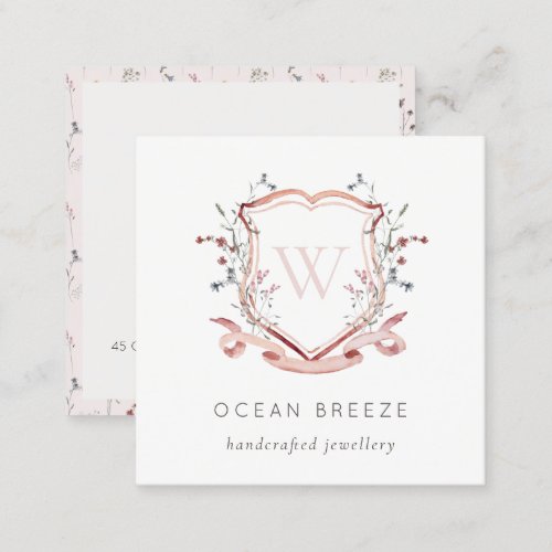 Pastel Pink Wildflower Watercolor Crest Monogram Square Business Card