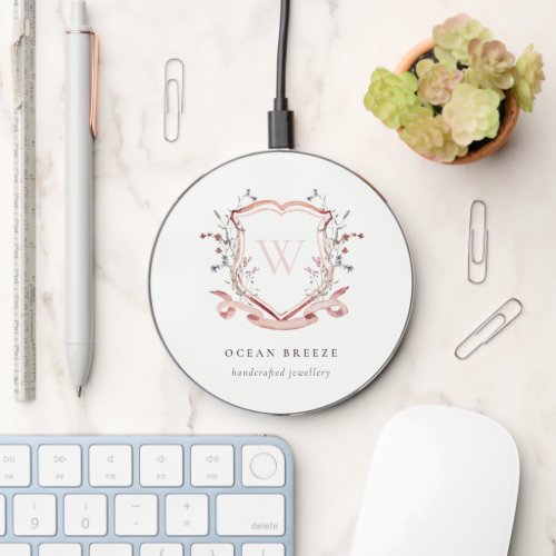 Pastel Pink Wildflower Watercolor Crest Monogram Wireless Charger