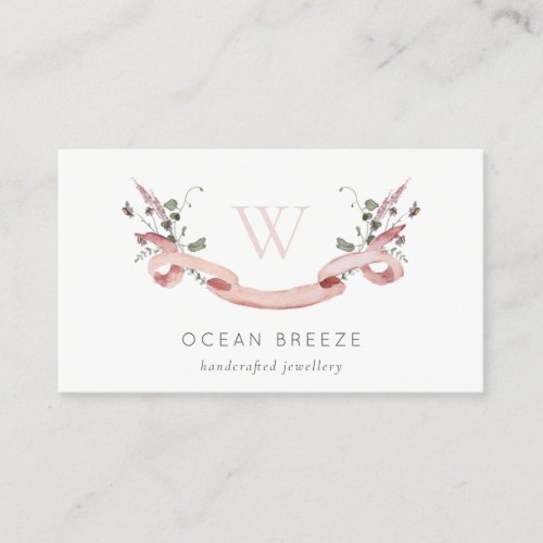 Pastel Pink Wildflower Watercolor Ribbon Monogram Business Card