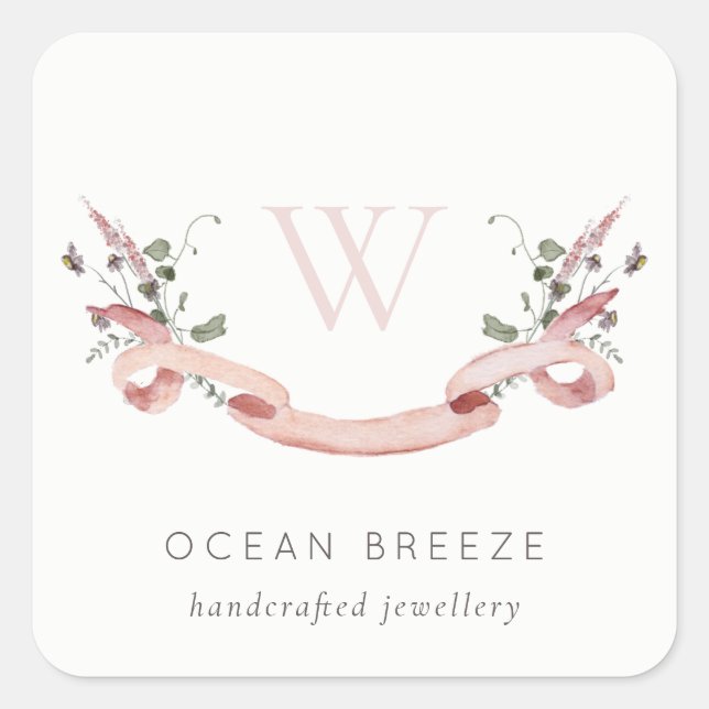 Pastel Pink Wildflower Watercolor Ribbon Monogram Square Sticker (Front)