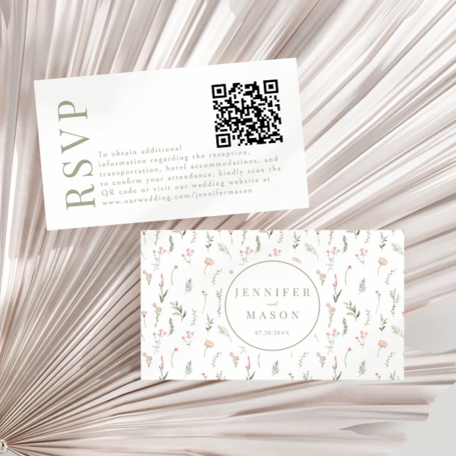 Pastel pink wildflower wedding RSVP QR code cards (Creator Uploaded)