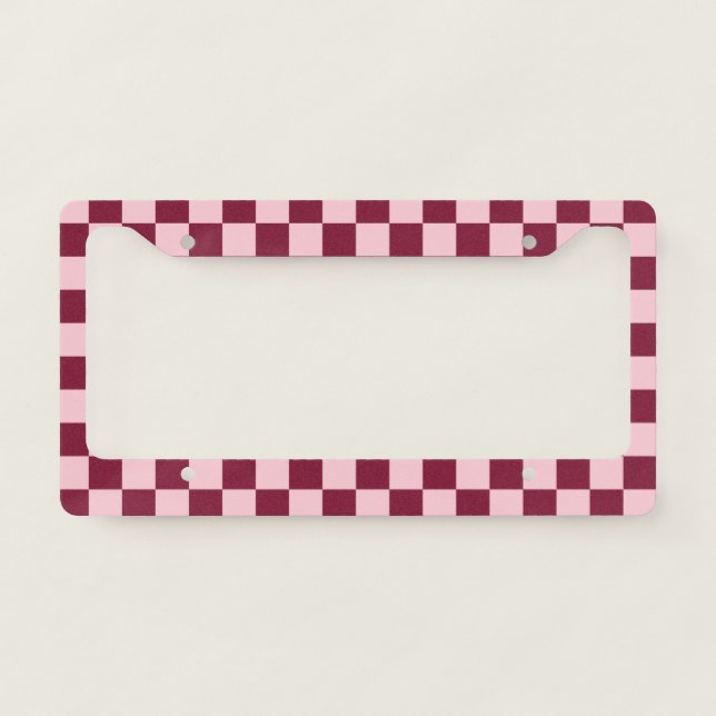 Pastel Pink Wine Red Checks Checkerboard Pattern   License Plate Frame (Front)