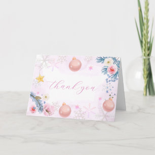 Pastel Pink Winter Snowflake Floral Baby Shower Letterpress Thank You Card
