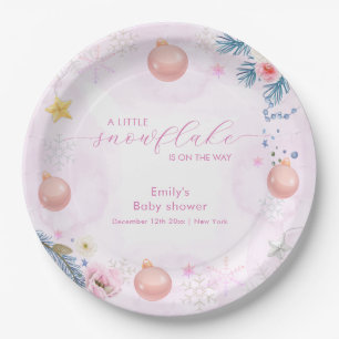 Pastel Pink Winter Snowflake Floral Baby Shower Paper Plates