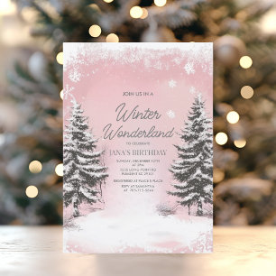 Pastel Pink Winter Wonderland Birthday Party Invitation