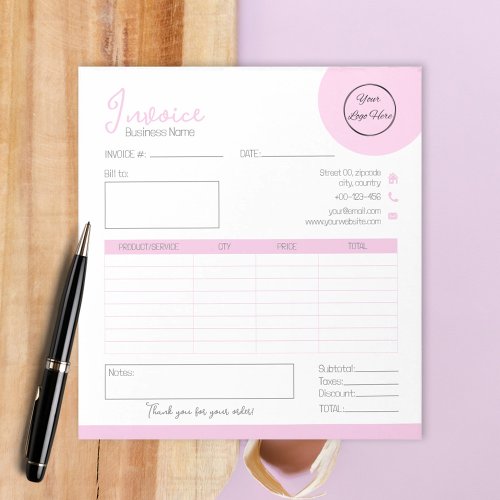 Pastel pink with logo feminine business invoice notepad