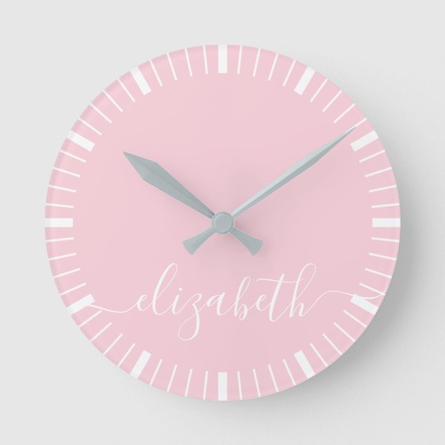 pastel pink with white script signature - minimal round clock (Front)