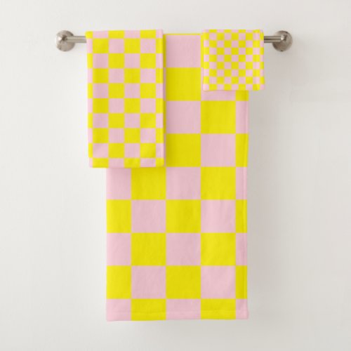 Pastel Pink Yellow Checkered Checkerboard Vintage Bath Towel Set