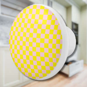 Pastel Pink Yellow Checkered Checkerboard Vintage Ceramic Knob