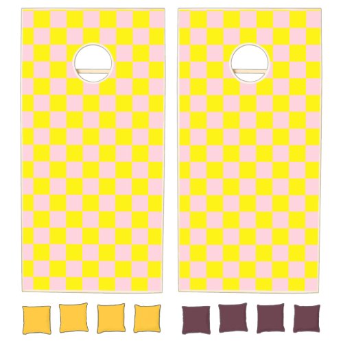 Pastel Pink Yellow Checkered Checkerboard Vintage Cornhole Set