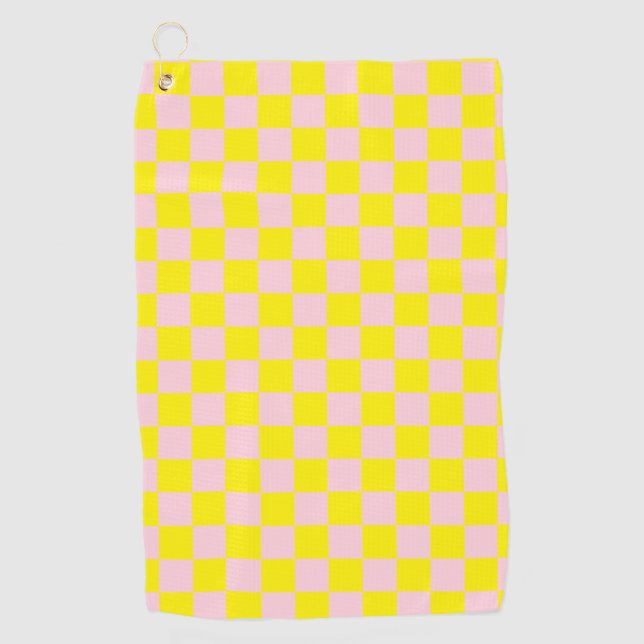 Pastel Pink Yellow Checkered Checkerboard Vintage Golf Towel (Front)