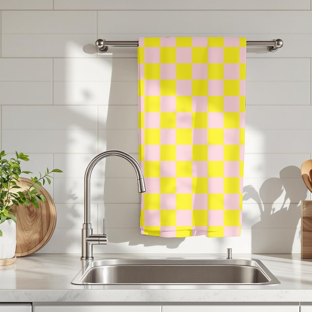 Pastel Pink Yellow Checkered Checkerboard Vintage Kitchen Towel (Creator Uploaded)